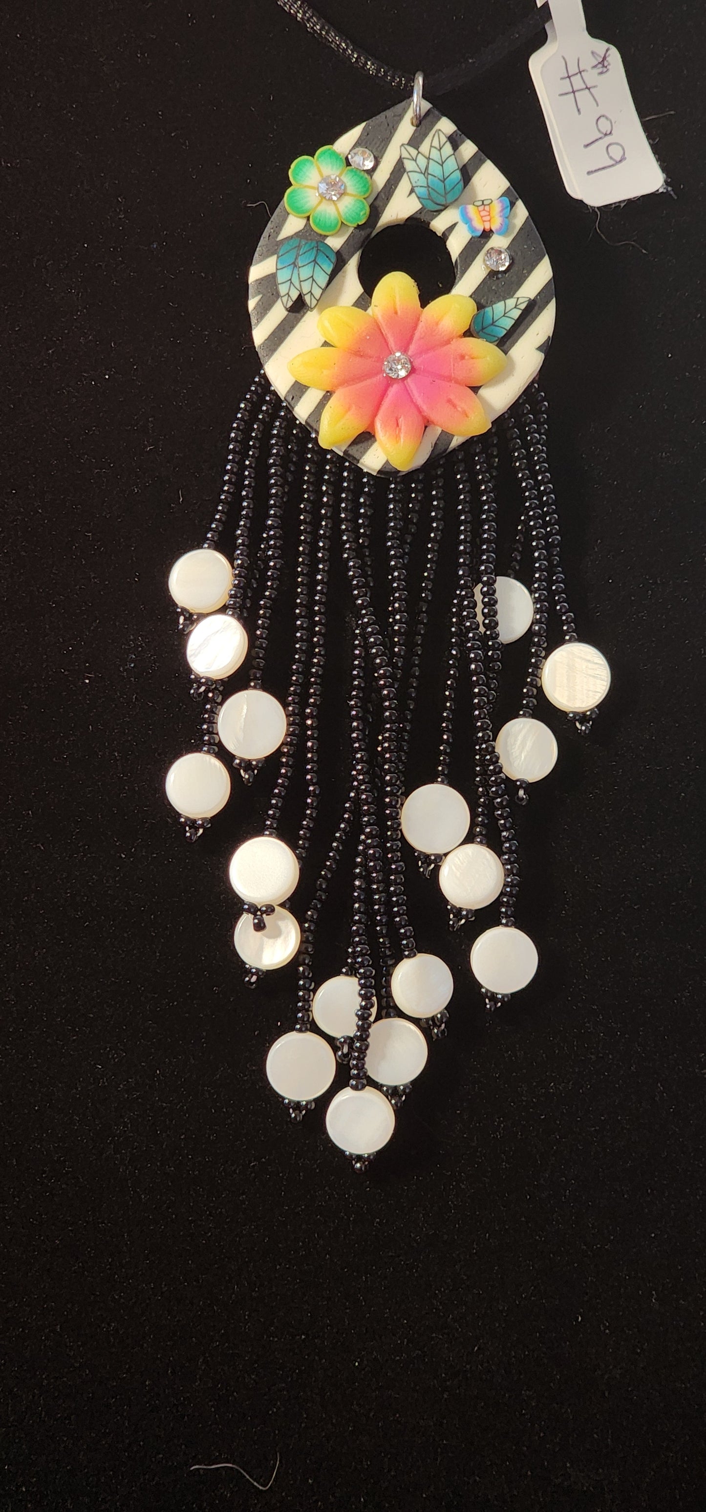 Handmade Beaded Necklace - #99 - Flowers & Stripes