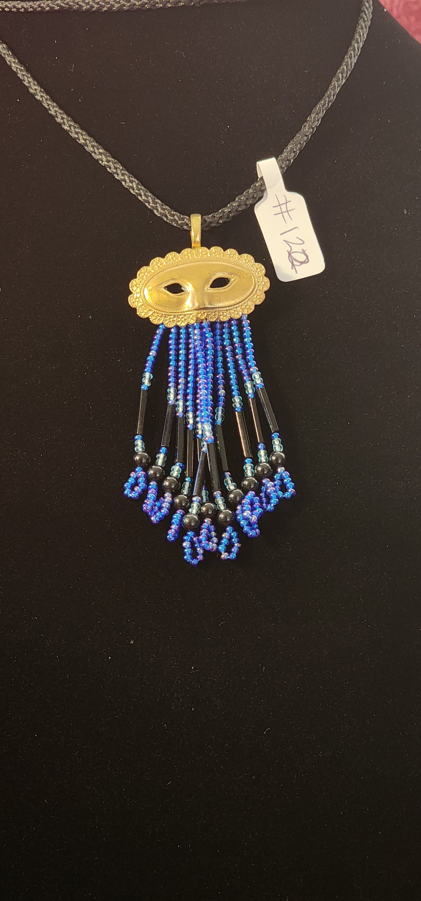 Handmade Beaded Necklace - #122- Blue & Gold Mask