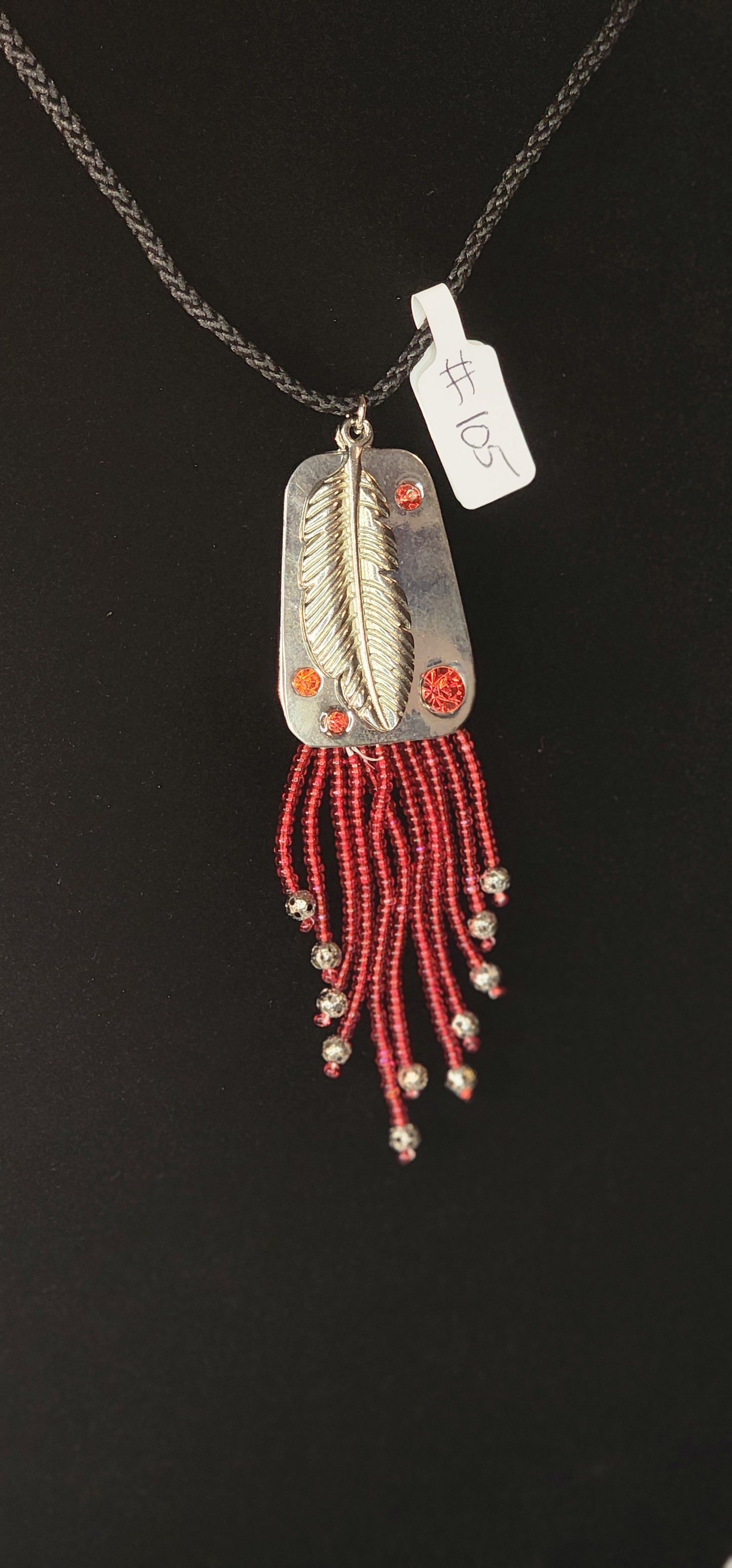 Handmade Beaded Necklace - #105 - Red Feathers