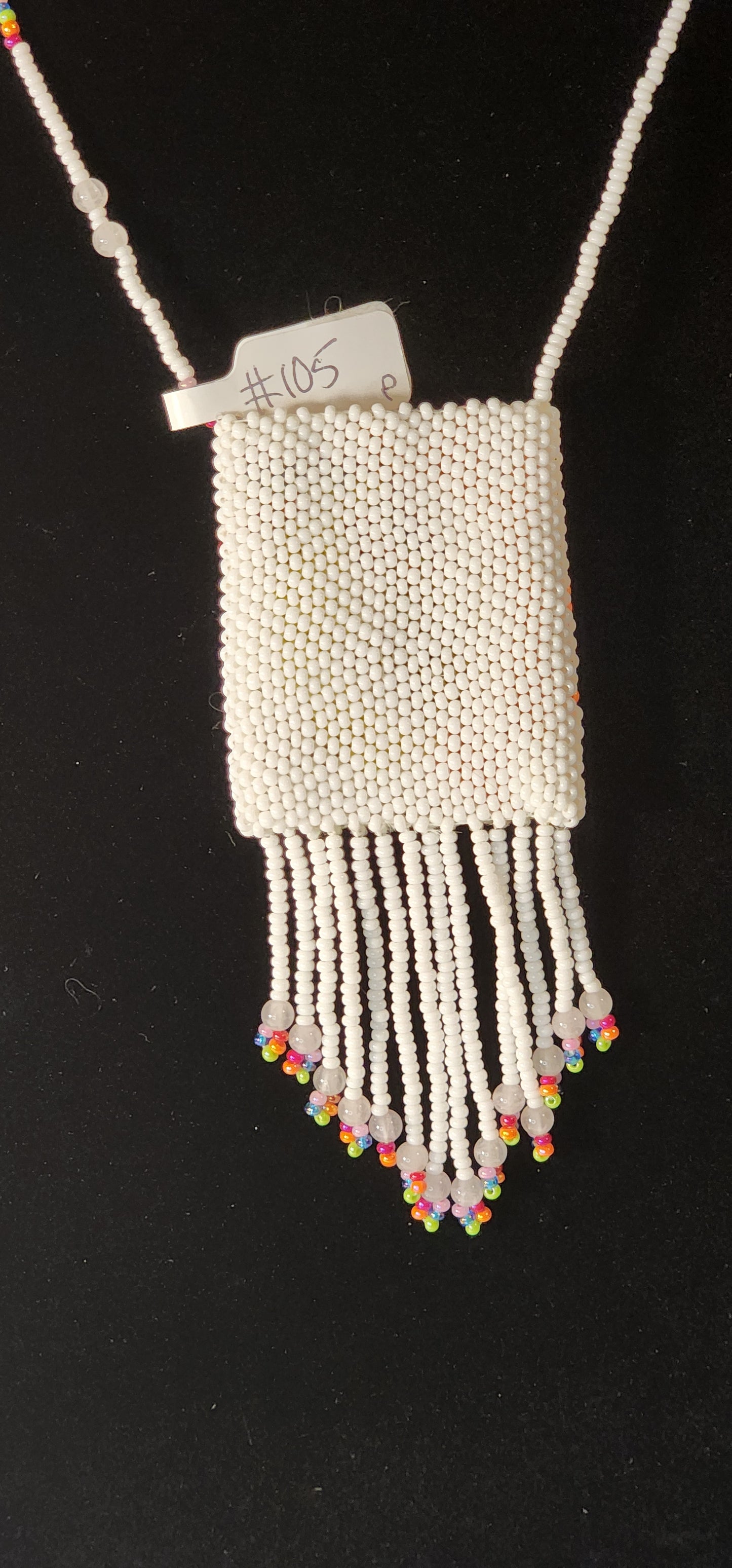 Handmade Beaded Pouch Necklaces – #105 - Rainbows & White