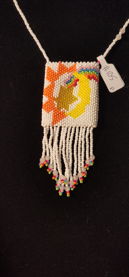 Handmade Beaded Pouch Necklaces – #105 - Rainbows & White