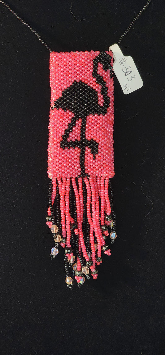 Handmade Beaded Pouch Necklaces – #303 - Pink Flamingo