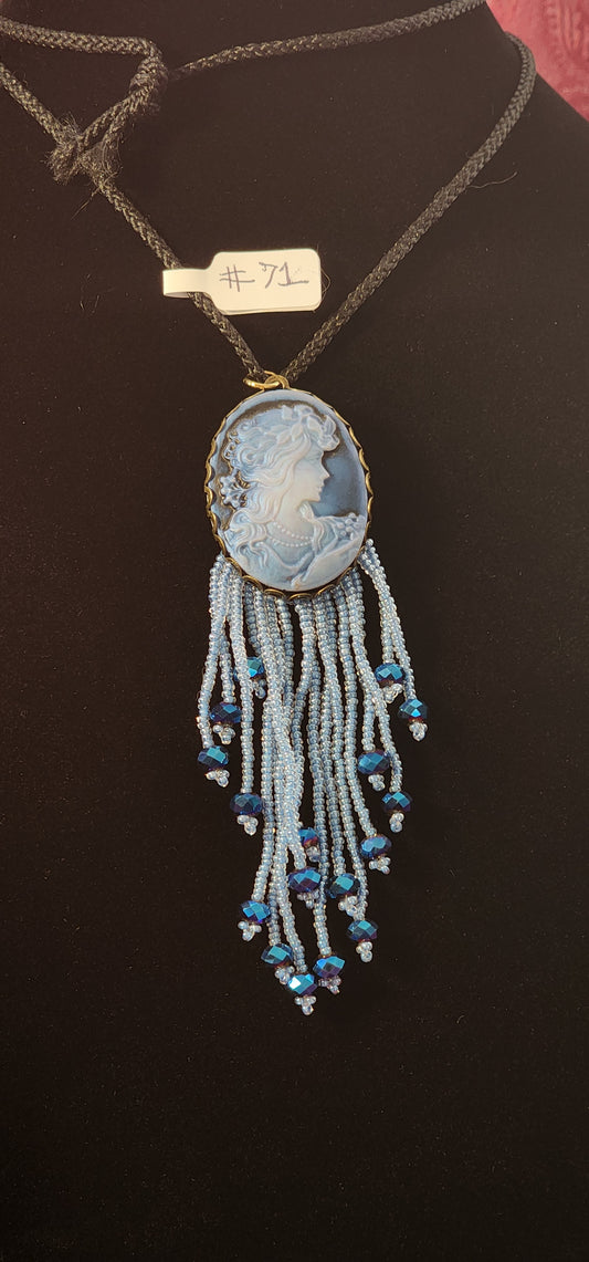 Handmade Beaded Necklace - #71- Blue Cameo