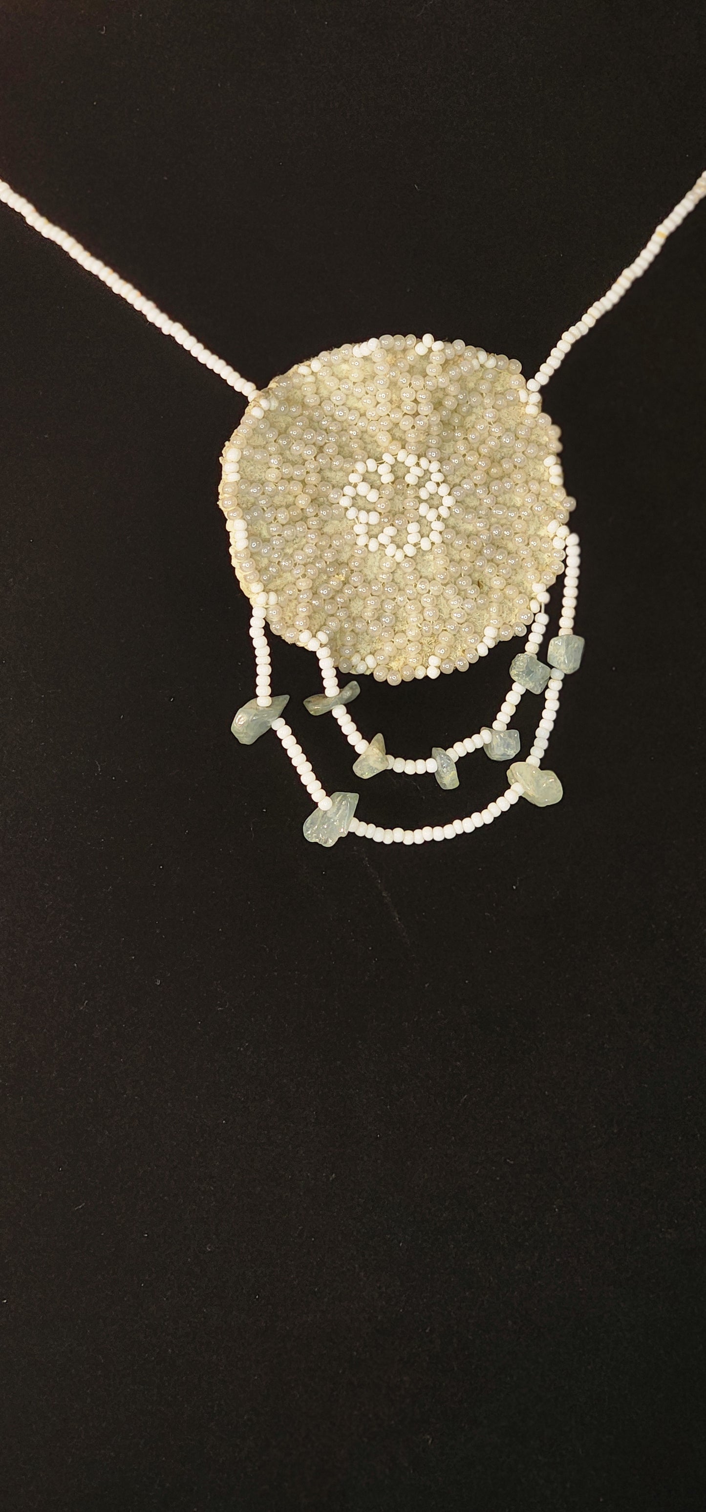 Handmade Beaded Pouch Necklaces – #404 - Blue & White Gemmed Snowflake