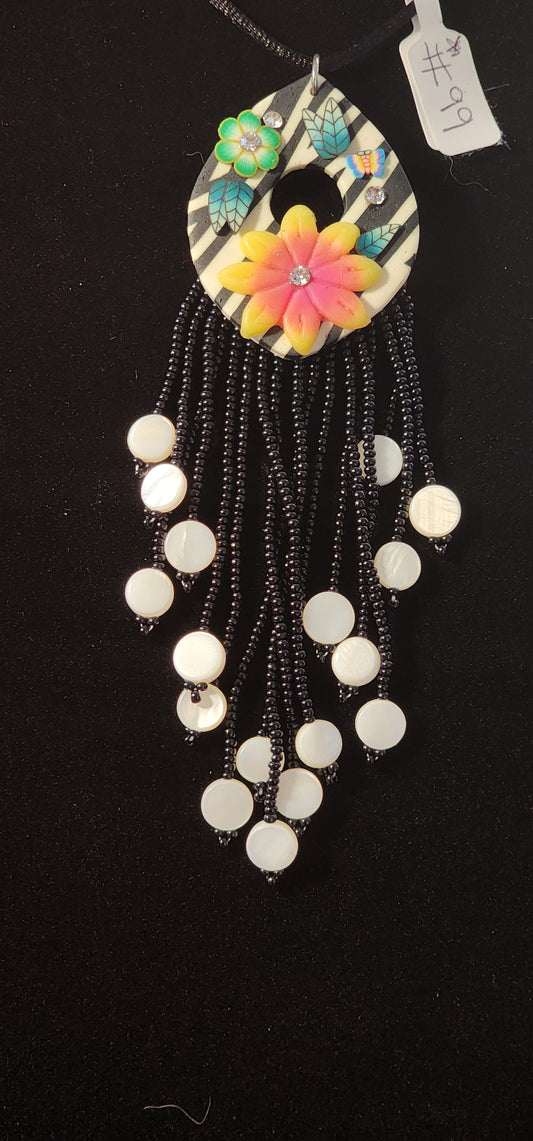 Handmade Beaded Necklace - #99 - Flowers & Stripes